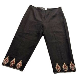 Edward Black Linen Blend Embroidered Hem Cropped Pants